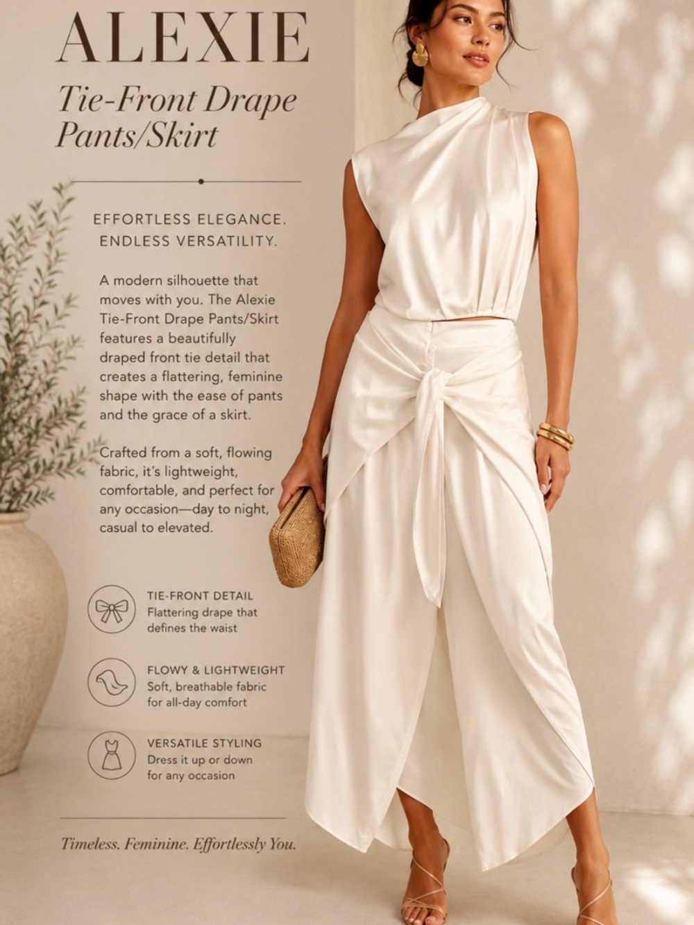 Alexis Tie-Front Drape Wide Leg Pants — Cream